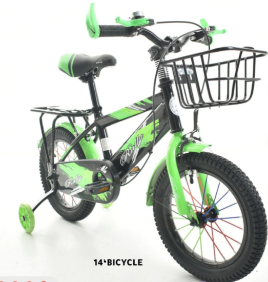 صورة دراجة رالي أطفال رياضية الشكل بلون أخضر وأسود مقاس 12,14